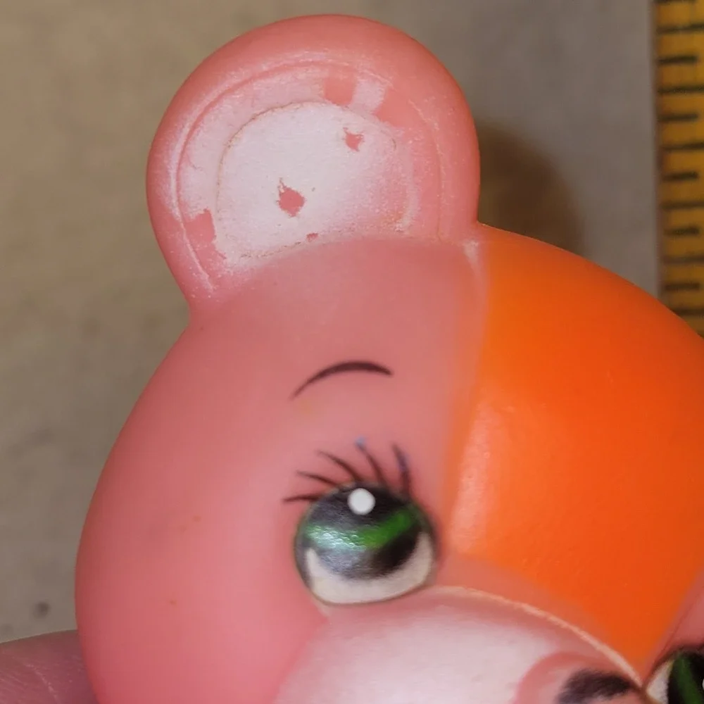 Vintage Pink Bear Squeeze Toy Squeaks Hong Kong Rubber Vinyl Figure Big Eyes 4in